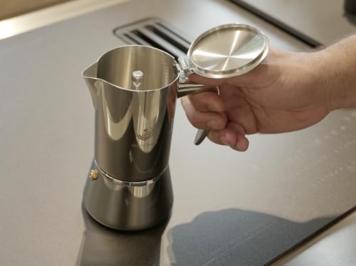 VIA CREMA Moka Stovetop Espresso Maker, Stainless Steel, for Induction Cooktops, 3-4 Cups, 8.5 Oz 3-4 CUPS / 8.5 Oz