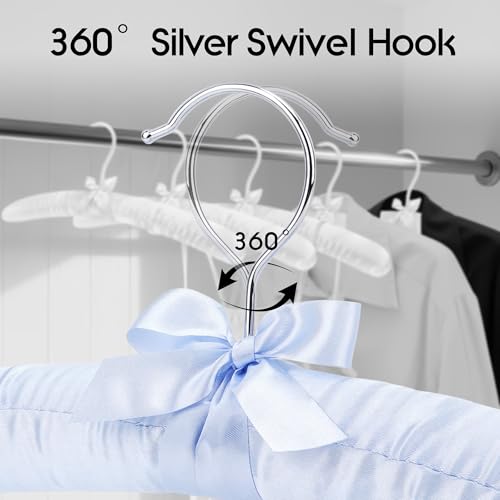 Women's Satin Padded Hangers - 15" Foam-Filled Wooden Clothes Hangers with No Shoulder Bumps, Bow Accent, for Sweaters, Blouses, Dresses - 5 Pack (Light Blue)
