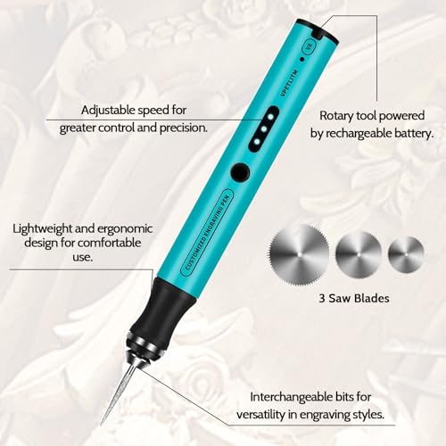 Cordless Engraving Pen, 3-Speed Electric Engraving Tool Kit, Engrave 50+ Surfaces, with 30 Small Drill bits, 7 Grinding Accessories and 5 Engraving Templates, USB Charging for Wood Resin Stone Jewelry