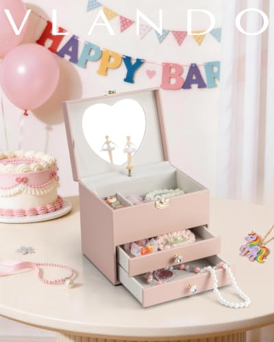 VLANDO 3 Layer Musical Jewelry Box for Girls, 2 Large Drawers Storage Pink