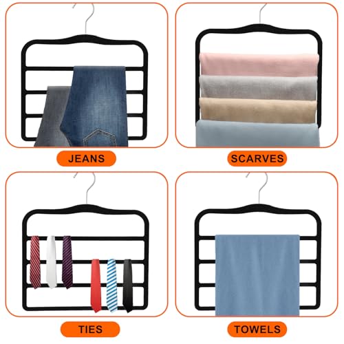 4 Pack Space Saving Velvet Pants Hangers, Dorm Room Essentials, Non-Slip Multi-Tier Closet Organizer for Jeans & Slacks, Maximize Wardrobe Storage with Multi-Purpose Rack for Shorts, Scarves & Ties Black 4 Pack
