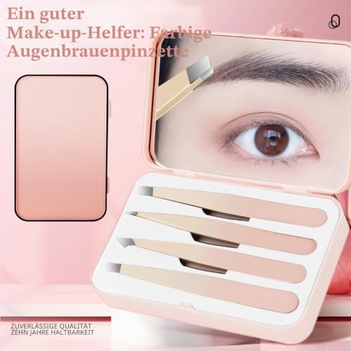 Set of 4 Stainless Steel Tweezers Set Mirror for Eyebrow Facial Hair | Stainless steel, ergonomic handle. 4 different tweezers for eyelashes, eyebrows, fine hairs, travel daily.