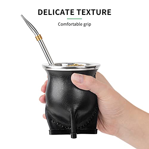Cuopru Ceramic Liner Yerba Mate Cup Argentina Gourd with Mate Bombilla Straw, Cleaning Brush (Black) Black