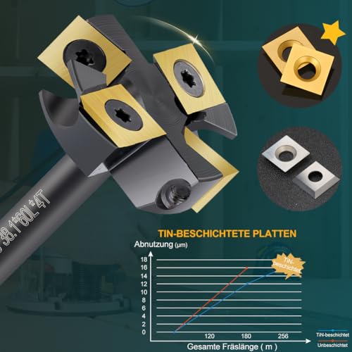 Face Milling Cutter 8mm Shank Groove Milling 38.1mm Cutting Diameter | Face Milling Cutter for Router CNC Wood Cutter with 4 TiN-coated Carbide Blades 12 x 12 mm 4Z S=8mm D=38.1mm L=60mm