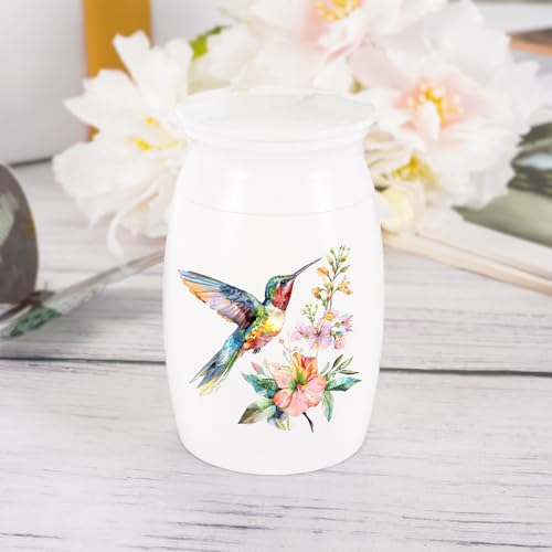 Abooxiu Small Hummingbird Mini Aluminum Memorial Urn - White, Green Pattern - 3 Inches Tall - Human Ashes Keepsake - Secure Threaded Lid - Elegant & Exquisite Craftsmanship - Decorative Urn for Adults Green Hummingbird