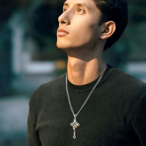 HZMAN Stainless Steel St. Benedict Crucifix Cross Necklace for Men Large Silver & Gold