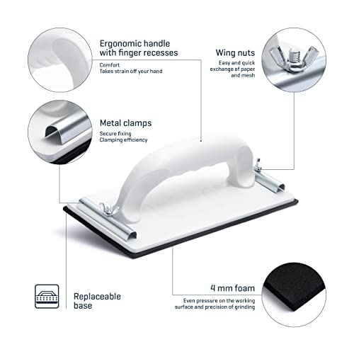 COMENSAL Hand Sander Set 230 x 80 mm - Plaster Set - Professional Hand Sander - Plaster Tool - with Metal Clamping Handle and Sanding Mesh Lines - Made in EU