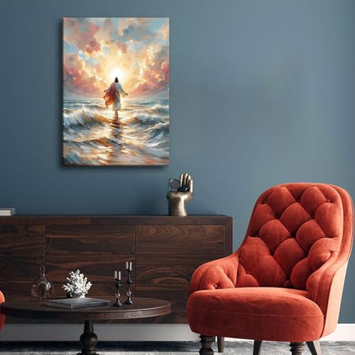 Jesus Walking on Water Canvas Wall Art Jesus Back Waters Reflection Sunset Glow Pink Gold Tones Wall Decor Pictures Christian Bible Stories Poster Prints for Living Room Church Home Decoration 16x24in 24"L x 16"W