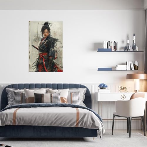 Japanese Female Samurai Wall Art Woman Fight Painting Canvas Prints Warrior Figure Pictures Bushido Posters Japanese Culture Theme Artwork for Bedroom Living Room Decor (18''W x 24''H) 18"L x 24"W Gray Black and Red