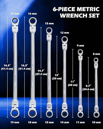 Orion Motor Tech 6-piece metric extra-long flex-head ratcheting wrench set, 8–19mm range