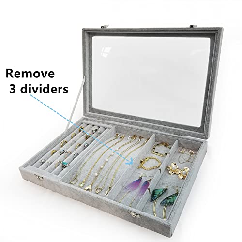 Ice Velvet Jewelry Organizer Box for Women Girlfriend Wife 8 Grids & 5 Slots & 6 Necklace Hooks