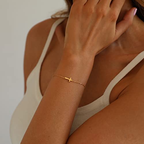 18K Gold Plated Pearl Beaded Cross Bracelets for Women Adjustable Tiny Cross-Gold