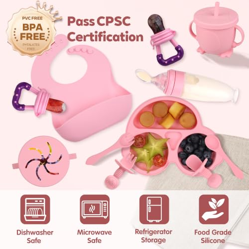 Silicone Baby Feeding Set,Miicasa Baby Led Weaning Supplies Kit With Suction Bowl & Car Plate, Bib, Spoon, Fork, Cup - Food-Grade Silicone, Dishwasher-Safe, No BPAs - For 3+ Months pinkbowlsets