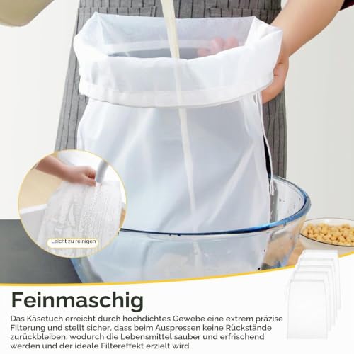 DEANKEJI Press Bag, Pack of 10, Nylon Filter Bag with Drawstring, White, Washable | High-quality nylon, fine mesh net and drawstring, tear-resistant, washable, for juice, soy milk, nut milk, vegetables