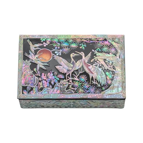 February Mountain Mother of Pearl Trinket Box Organizer for Business Cards, Jewelry or Keys - Small Wooden Box Inlaid - Gifts for Women and Men Ideal for Gifts and Keepsakes (Crane with Pine Tree) Crane with Pine Tree