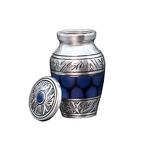 HLC Blue Hand Engraved Small Keepsake urn - Cremation Urn with 1 Velvet Box Bag, 3 cu.in Aluminium, Lovely Blue Pattern, Polished Finish, Decorative Urn