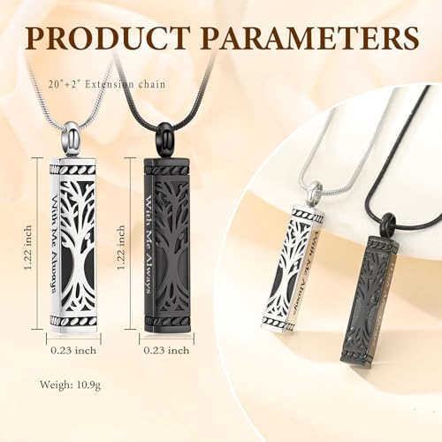 Tree of Life Cremation Jewelry for Men Women - 2 Pcs Cylinder & Heart Urn Necklaces for Ashes Stainless Steel Memorial Keepsake Pendant for Human Pet Ashes Silver&-Black