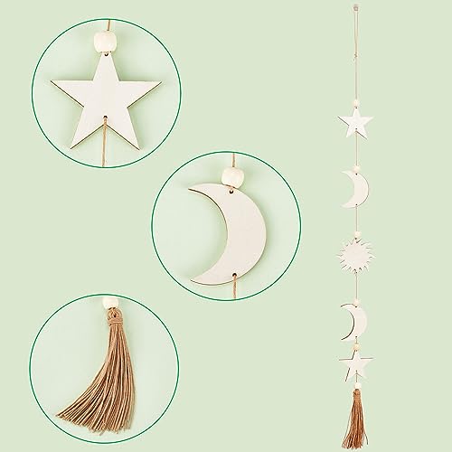 CREATCABIN Moon Star Wall Hanging Decor Wooden Bohemian Wall Art Decorations Moon Garland Ornaments Pendant with Wheat Tassel Beads for Home Bedroom Living Room Dorm Nursery Apartment Office 30.3inch Moon Stars