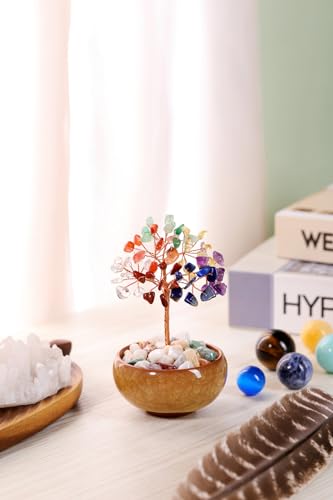 GEHECRST Chakra Crystal Tree Natural Healing Crystals Gemstone with Ceramic Base Handmade Stone Feng Shui Bonsai Money Tree for Wealth Good Luck Home Office Decor Crystal Gifts