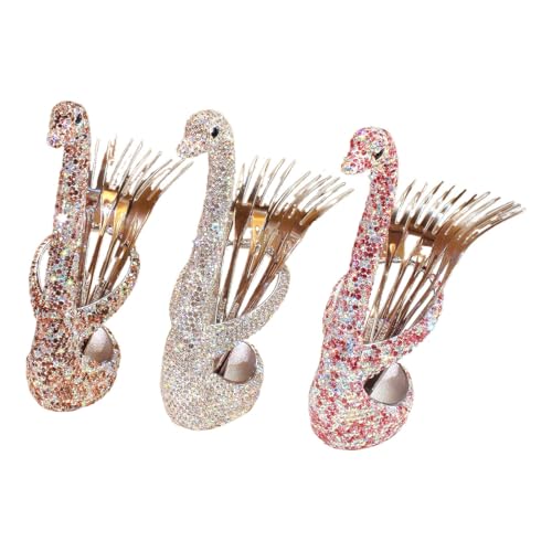 Luxury Crystal bling 304 Stainless Steel Fruit Forks - Rhinestone Metallic Elegant Swan Design Cake Fork Set for Home Use (Silver) Silver