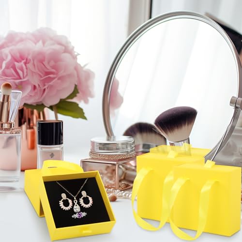 Luxury Jewelry Gift Box,12 Pack Velvet-Lined Jewelry Organizer Compact Drawer Jewelry Box for Earrings & Rings,2 in 1 Jewelry Gift Box Drawer Style with Handle Rope,3.9x3.9x1.65 inches (Yellow) Yellow