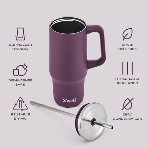 S'well Recycled Stainless Steel Tumbler XL with Straw and Handle, 30oz, Plum, Triple Layered Vacuum Insulated Container Keeps Drinks Cold 36 hours and Hot for 9, BPA Free