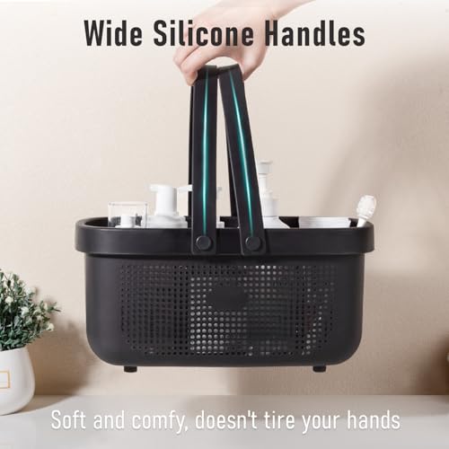 Large black plastic JiatuA shower caddy basket with handles, ideal for organizing toiletries in the bathroom.