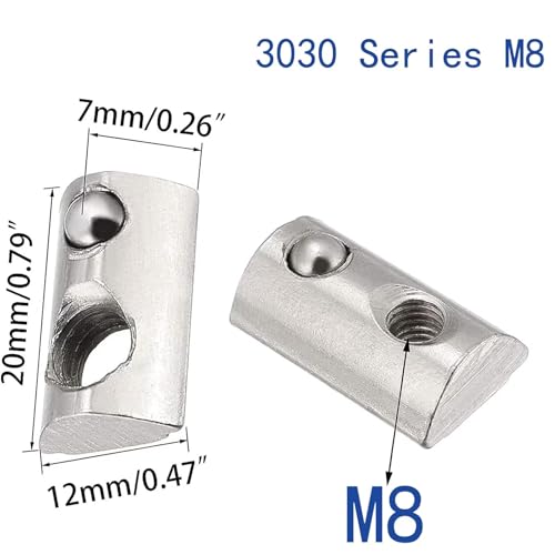 Generic 3030 Series M8 T-slot half-round roll-in nuts with spring balls for 8mm aluminum extrusion profiles, 30 pieces