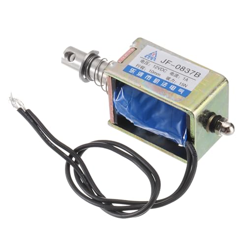 QUARKZMAN DC 12V 1A Solenoid Electromagnet Push Type 15N 10mm Stroke | Electromagnetic Actuator Open Frame Linear Motion JF-0837B Magnet Electromagnet, Black Cable