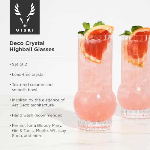 Viski Deco Crystal Island Highball Glasses Set of 2 - Premium Crystal Mojito and Gin and Tonic Glasses, Highball Cocktail Glassware Gift Set, 13 oz Island Deco Highballs