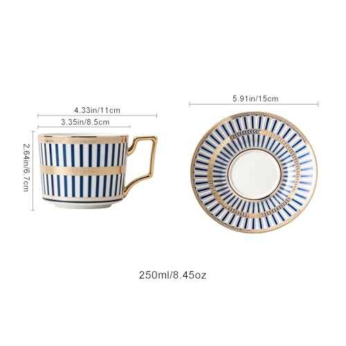 8.45oz European Ceramic Coffee Cup & Saucer Set of 2 with Handle & Gold Spoons, Stripe with Gold Accents, for Latte, Tea, Cappuccino, Gift Boxed for Tea Party, Housewarming Gift (two blue) two blue
