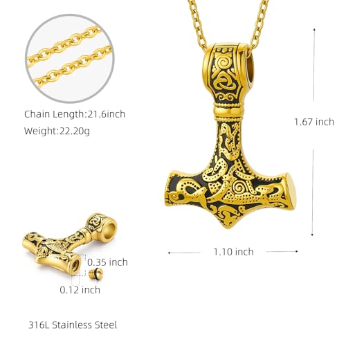 Viking Thors Hammer Mjolnir Urn Necklace for Ashes, Celtic Nordic Cremation Jewelry, Memorial Keepsake Pendant for Men Women Gold