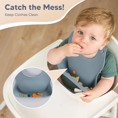 Baby Suction Plates and Bowls Set - 100% Food Grade Silicone Toddler Feeding Supplies for BLW | Stay-Put Divided Dish | Includes Bonus Bib, Cup & Soft Spoon/Fork (6-Piece) Blue