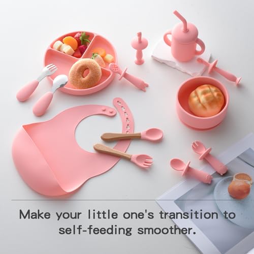 Silicone Baby Feeding Set - 13PCS Essentials With Suction Bowl, Plate, Spoons, Forks, Bib, Cup, Toothbrush - Led Weaning Supplies for 6+ Months Eating (Pink) Pink