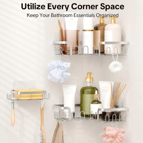 Corner Shower Caddy 3 Pack, Wall Mounted Adhesive Shower Caddy with Soap Holder and 24 Hooks, No Drill Rustproof Stainless Steel Shower Shelf for Inside Shower, Silver