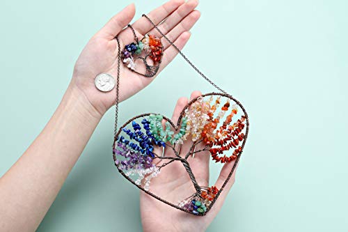 Jovivi Double Heart 7 Chakra Crystals Tree of Life Hanging Ornament Decor