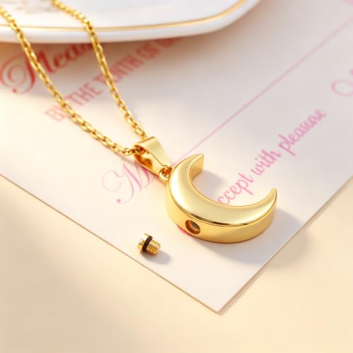 Crescent Moon Cremation Urn Necklaces for Ashes Stainless Steel Cremation Jewelry Keepsake Urn Necklace for Human Pet Ashes Memorial Jewelry Funeral Jewelry for Women Men Gold
