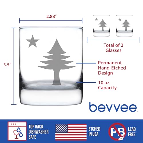 Bevvee Old Maine Flag Whiskey Rocks Glass for Mainers - 10.25 oz - Set of 2