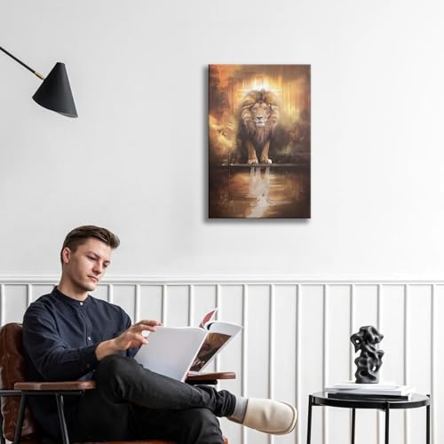 Framed Animal Print Majestic Lion Canvas Wall Art Spiritual Jungle Poster Inspirational Christian Painting Nature Wildlife Gallery Wrap Print for Home Decor 16x24 Inch Ready to Hang Lion and Lamb 16x24in
