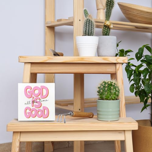 God Is Good All the Time Wooden Box Sign,Pink Bible Shelf Decorations for Teen Girls Desk Table Shelf Decor, Bible Decorating Supplies Gifts for Women, 5x5 Inch God Is Good