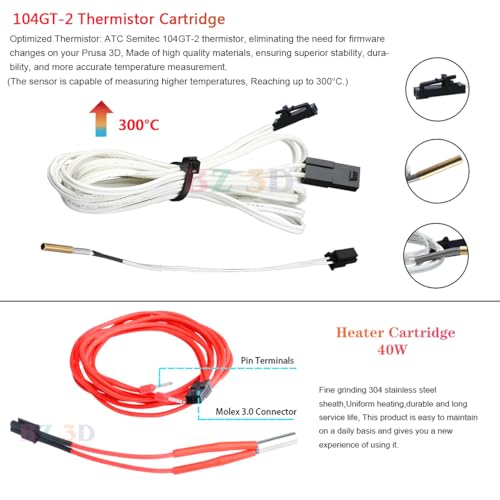 Prusa i3 MK3 Hotend 24V 40W Kit,Upgrade V6 Bi-Metal Heatbreak,Heater Block Aluminum,V6 Brass Nozzle 0.4mm for Prusa i3 MK3,MK3S,MK3S+3D Printer for V6 Hotend Kit. Brass Nozzle Kit Prusa MK3 Hotend
