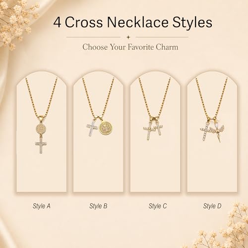 Gold Cross Necklace for Women, 14K Gold Plated Double Pendant Necklace with Cubic Zirconia Cross, Dainty Box Chain Religious Jewelry Gift, Adjustable 18"+2" B