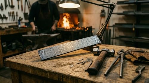 Damascus steel billet bar, Firestorm pattern, hand forged 1095 and 15N20 blank for knife making, pre-etched surface