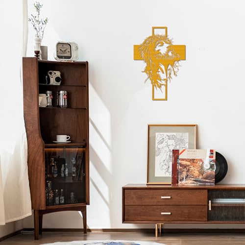Slickss Golden Jesus Wall Art, Metal Cross Christian Decor for Home Gold-Standard