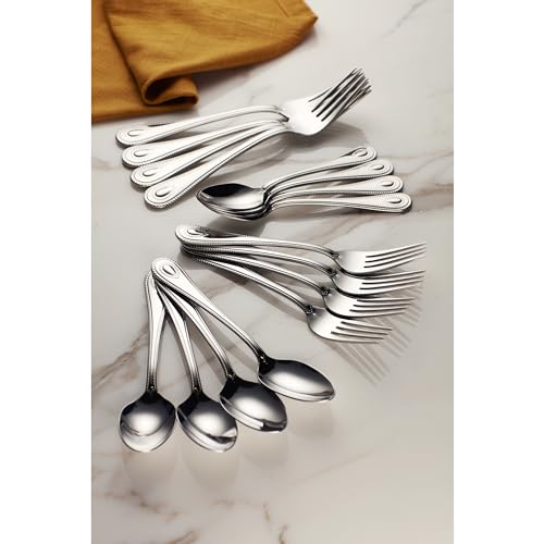 Set of four Lenox French Perle dinner forks with elegant silver handles and detailed design, perfect for formal dining.