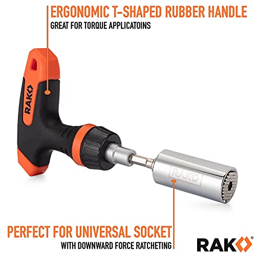 RAK universal socket tool set with T-handle ratchet driver, wrench grip, and screwdriver bits