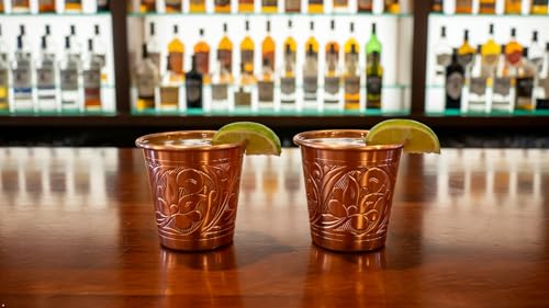 DEDE Copper - 2023 CC Series 2 oz (Set of 2) Tequila/Vodka Shot Glasses, Mini Moscow Mule Cup, Handmade Unlined Uncoated Thickest Pure Solid Copper mini Tumblers for Cocktails (Engraved Tulip) Engraved Tulip