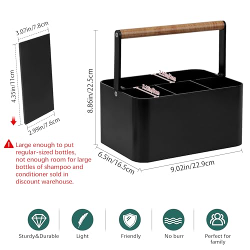 BYUNER Portable Shower Caddy Dorm: Bathroom Caddy Organizer with Handle and Adjustable Dividers,Plastic Shower Basket for Toiletry,Makeup,Vanity,Shower Storage Tote for College, Cleaning Caddy, Black Black / Wood Handle