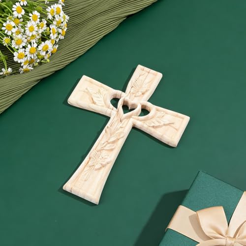 HOBBIESAY 1PCS Wooden Cross with Intertwined Hearts Wall Hanging Wooden Intertwined Heart Cross Carved Crosses Two Hearts Joined Marriage Crosses Symbol of Sacred Love for Wedding Valentine Gift 241mm
