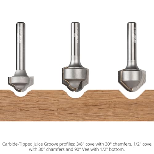 Ultra-Shear carbide-tipped juice groove router bit with 3/8-inch nose and chamfered lead-in, 1/4-inch shank